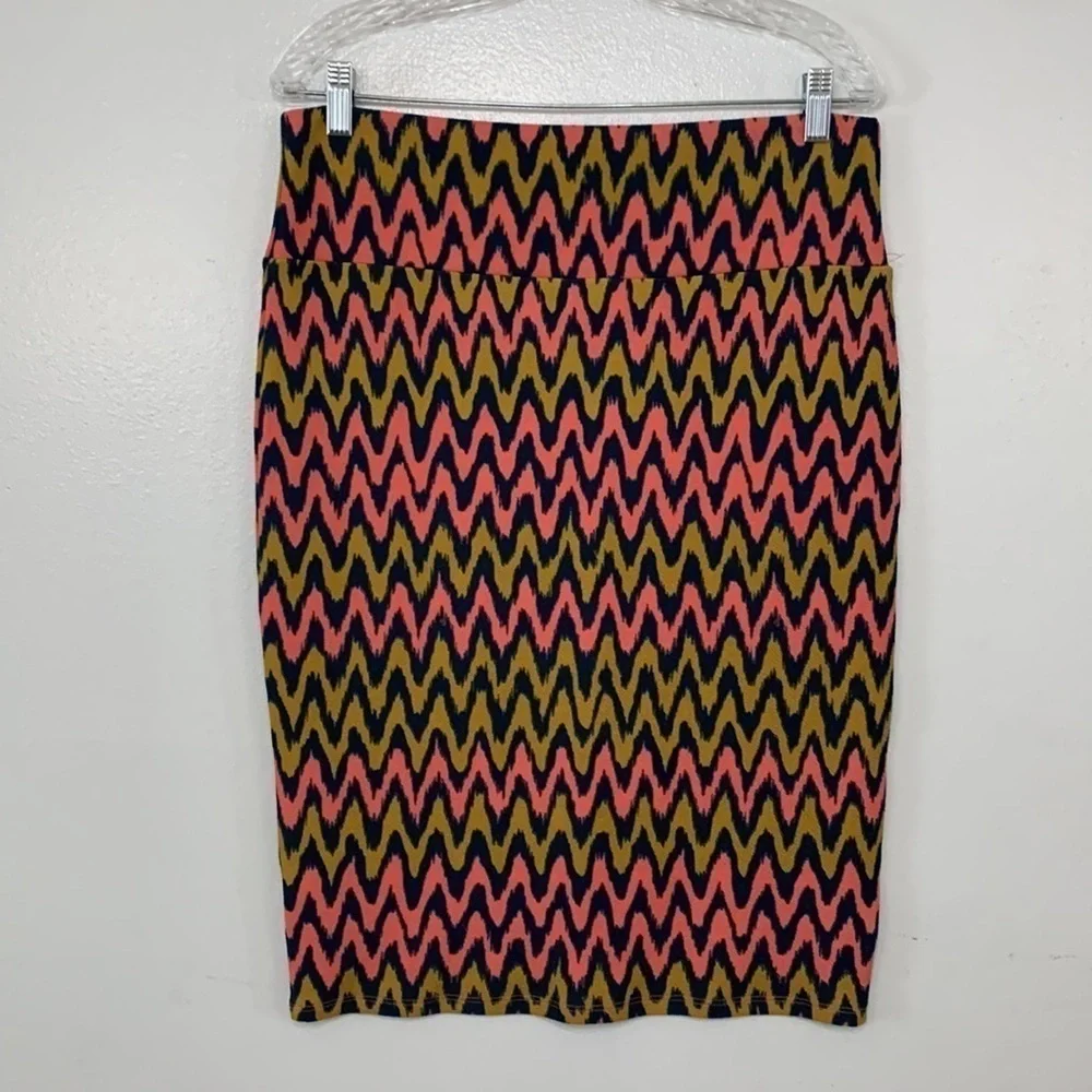 Lularoe Mustard Pink Navy Wavy Chevron Print Cassie Pencil Skirt Size L